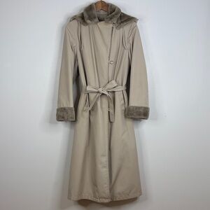 Vintage Overcoat Womens 8 Beige Faux Fur Fleece Lined Maxi Hooded Trench Coat